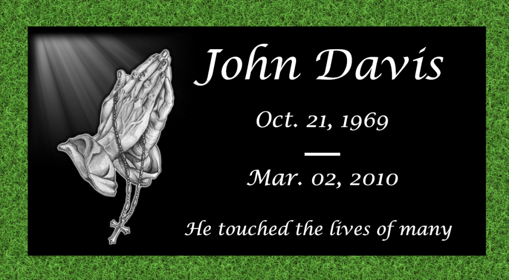 Laser etched praying hands and rosary headstone design on black granite