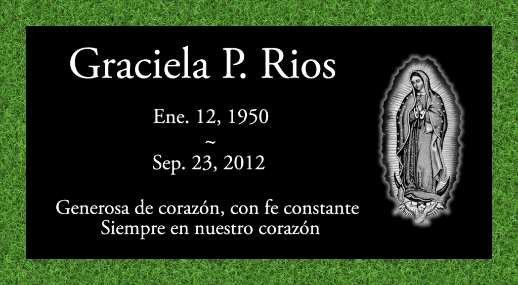 Laser etched Virgen de Guadalupe headstone design on black granite