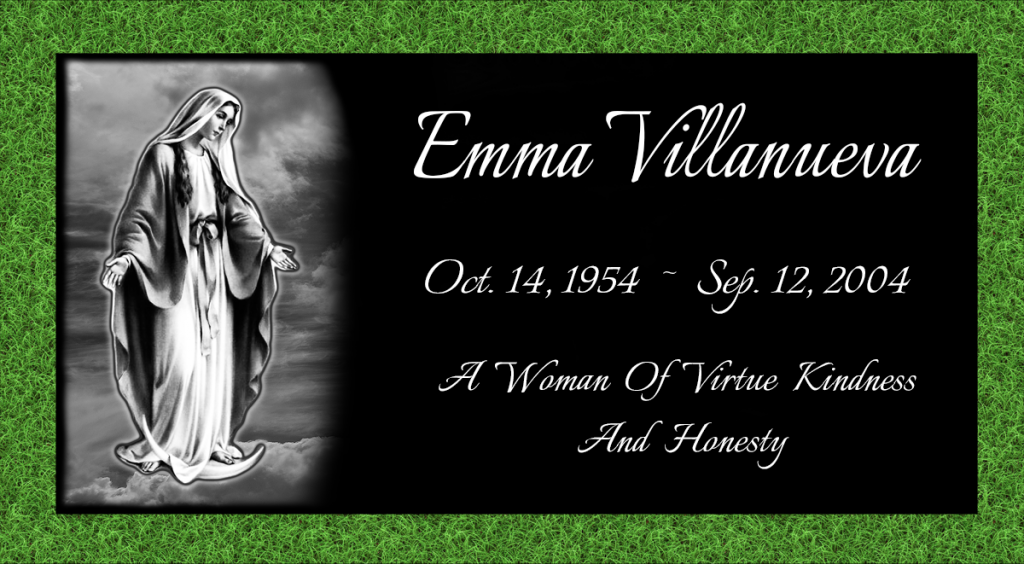 Laser etched Virgin Mary headstone design on black granite