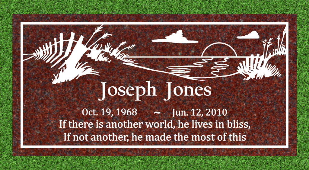 Traditional engraved beach scene headstone design on red granite