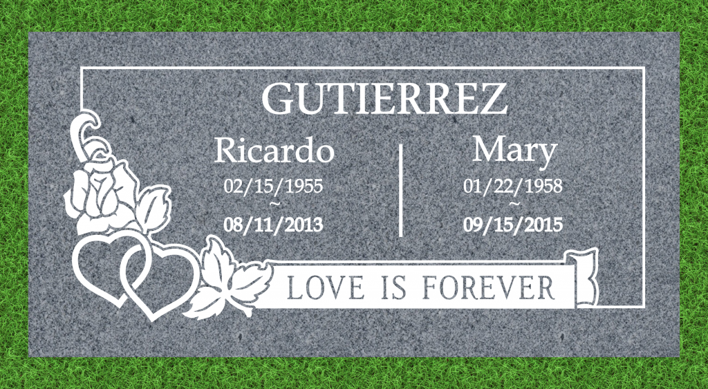 Traditional heart and roses companion headstone design on gray granite